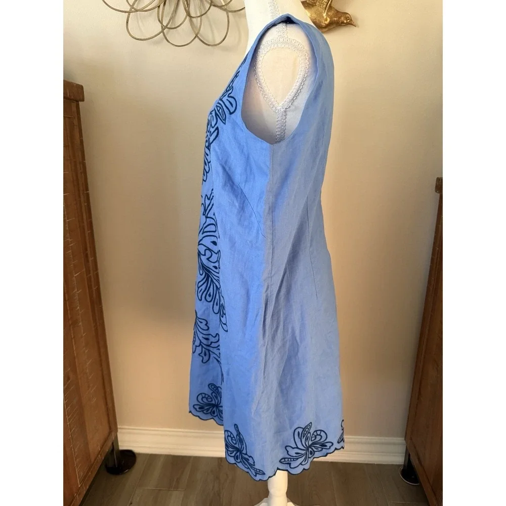 Talbots 16P Blue Linen Blend Embroidered Shift Dress Sleeveless Petite